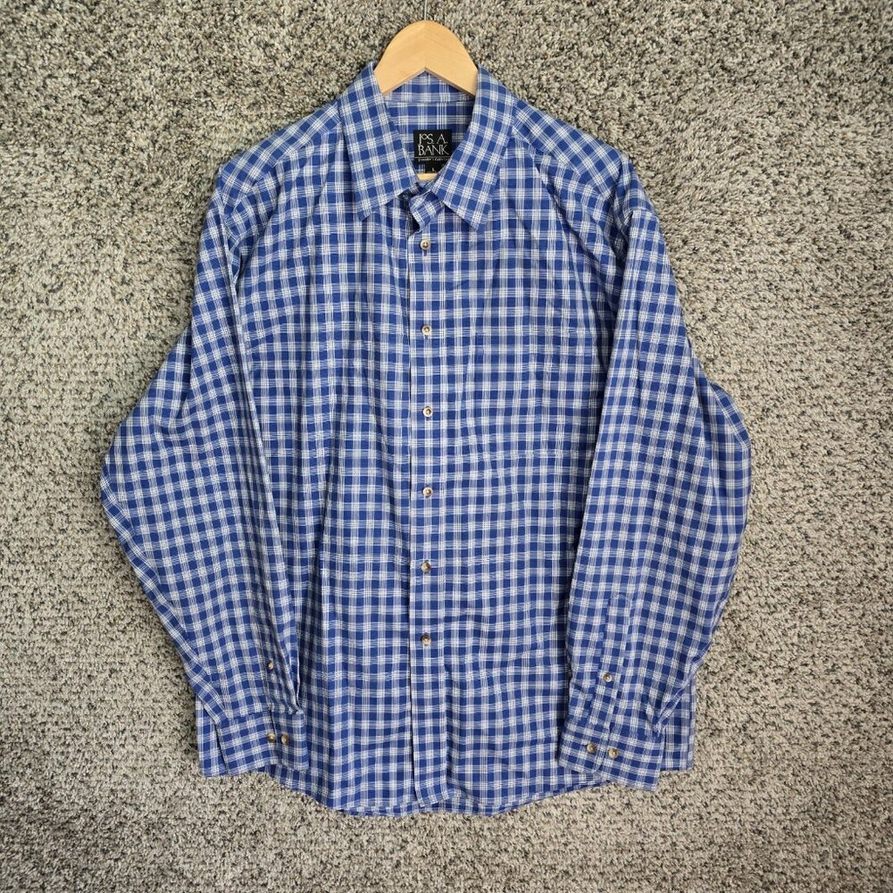 Jos A Bank Shirt‎ Mens Large Blue Button Up Travelers Collection Plaid Cotton